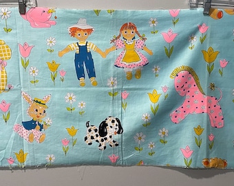 May include: Light blue fabric with a repeating pattern of cartoon characters, including a boy, girl, elephant, bunny, dog, horse, and ducks. The design also features flowers and daisies. The fabric is likely for children's items.