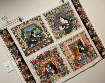 Vintage Cats and Flower Window Scenes Fabric Quilt Pillow Squares 4 Sq Panel Concord Sharon Kessler Made in USA So cute! Htf!