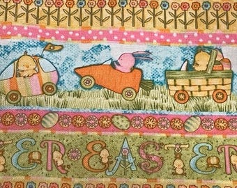 Debbie Mumm Easter Fabric Stripe Bunnies and Chicks in Carrot or Basket Car Flowers and Fun OOP from JoAnn vintage by the Half Yard