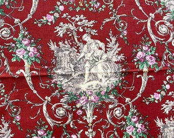 Vintage Toile Fabric Romantic Old Fashioned Couple Country Life Purple Roses Floral on Burgundy 1 Yard+
