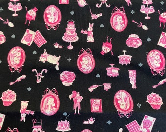 Pink Motifs Alice in Wonderland Story Fabric Teatime Toss Rabbits Cat Twill Cotton Cosmo Textile Japan Fat Quarter FQ 18" x 22" OOP Rare