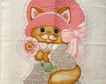 vintage Kitty Cat fabric Stuffed Pillow doll toy diy cut & sew Springs Mills Pink bonnet flower calico dress super kawaii 80s craft