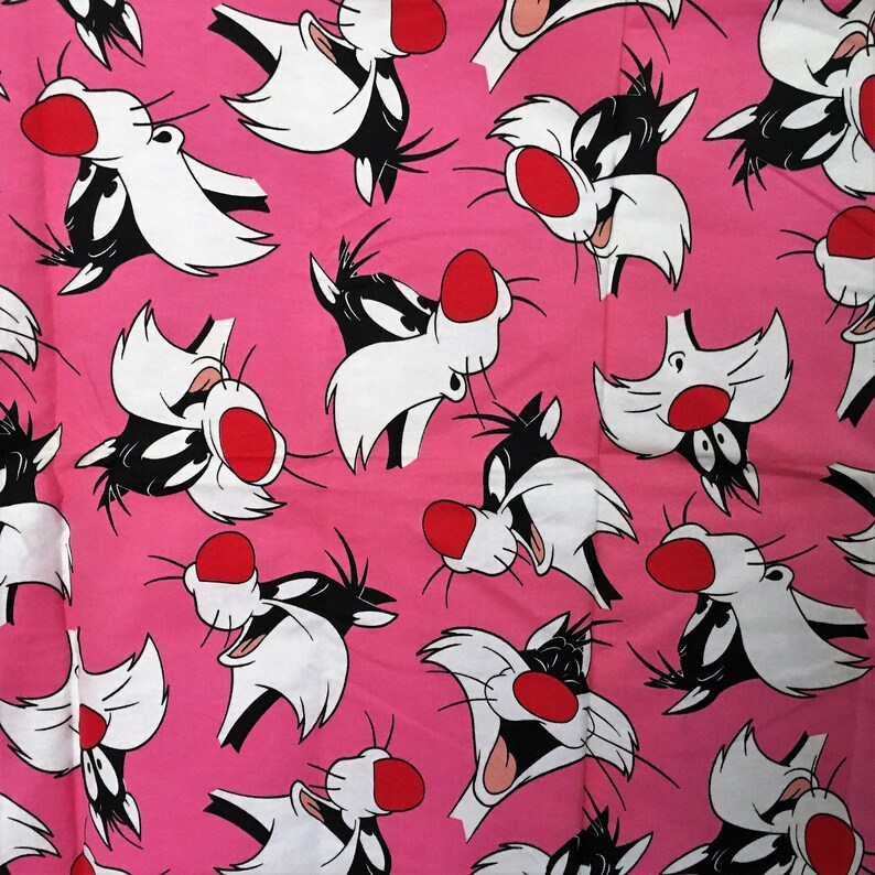 Sylvester Cat Looney Tunes Fabric Pink Lt Flannel Cotton 90s WB Warner Brothers Cartoon Prewashed FQ Fat Quarter 18L x 21W OR 8-10Lx44W