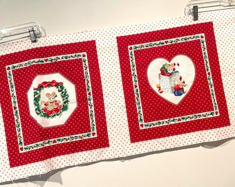 Vintage Christmas Mistletoe Mice 2 Pillow Quilt Squares Panel Fabric Cranston VIP
