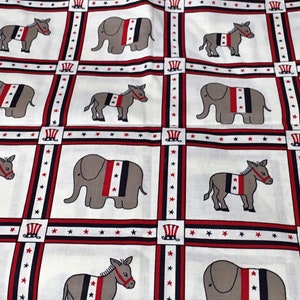 Rare Vintage Political Fabric Bipartisan Democrat Donkey Republican Elephant America Red White Blue USA Vote Cotton by 1/2 Yard, &lt;Yd