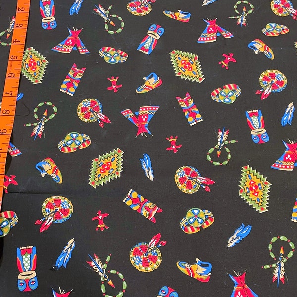 Vintage Native American Indian Motif Quilting Cotton Fabric Tipi, Totem Pole, Textile Designs, Moccasin, Thunderbird Marcus Bros by HALF YD