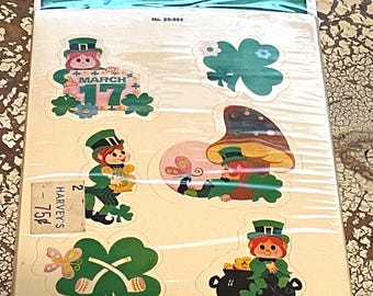 Vintage ST PATRICK'S Day Seals Leprechauns Shamrock Clover Toadstool Mushroom Dennison Sealed pack 8 Sheets 48 Stickers total, scrapbooking