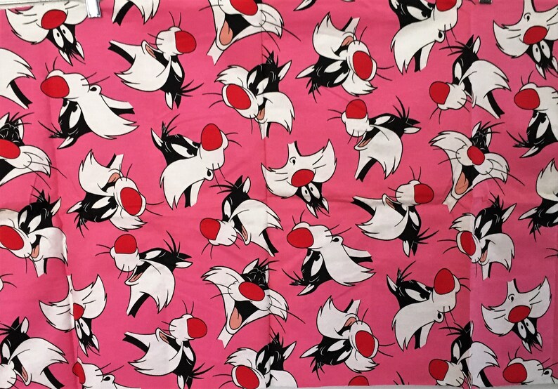 Sylvester Cat Looney Tunes Fabric Pink Lt Flannel Cotton 90s WB Warner Brothers Cartoon Prewashed FQ Fat Quarter 18L x 21W OR 8-10Lx44W