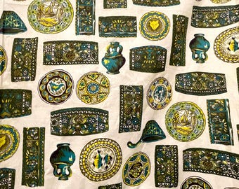 Vintage MCM 60s Exotic Pottery Art Fabric Cotton Lightweight 36" Wide Sold by the Yard Retro Greens Blues Please Read