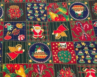 Vintage Christmas Motif Patch Squares Fabric Gold Metallic Details Santa Angel Sweets Holiday Crafts Concord Joan Kessler Cotton FQ 18x21"