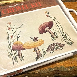 Vintage Marion Nichols MUSHROOM SCENE Floral & Snail and Turtle Crewel Embroidery Picture or Pillow Kit Linen, ABC Creative Stitchery book