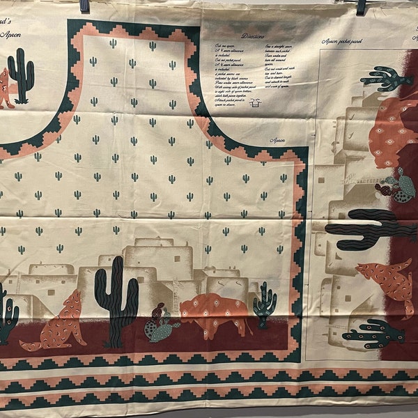 Vintage Southwest Santa Fe Apron Adobe, Cactus, Coyote, Buffalo, Desert Colors DIY Cut & Sew fabric Panel Pattern Concord Applique too