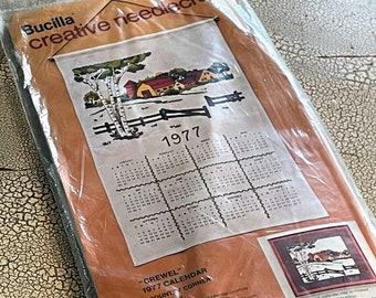 Vintage Bucilla 1977 Linen Calendar COUNTRY CORNER Farm Crewel Embroidery Kit 70s Grannycore Great Gift to DIY Barn, Birch Trees, Homestead