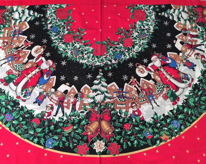 Vintage Christmas Tree Skirt Fabric Panel Victorian Santa Snow Village