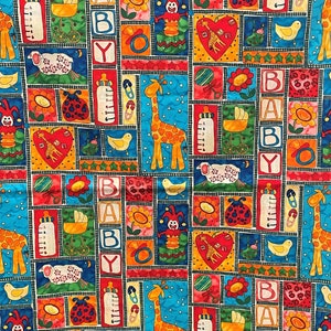 May include: A colorful patchwork fabric with a repeating pattern of baby-themed illustrations. The design includes giraffes, baby bottles, letters spelling "BABY", hearts, flowers, and other playful images in a variety of bright colors.