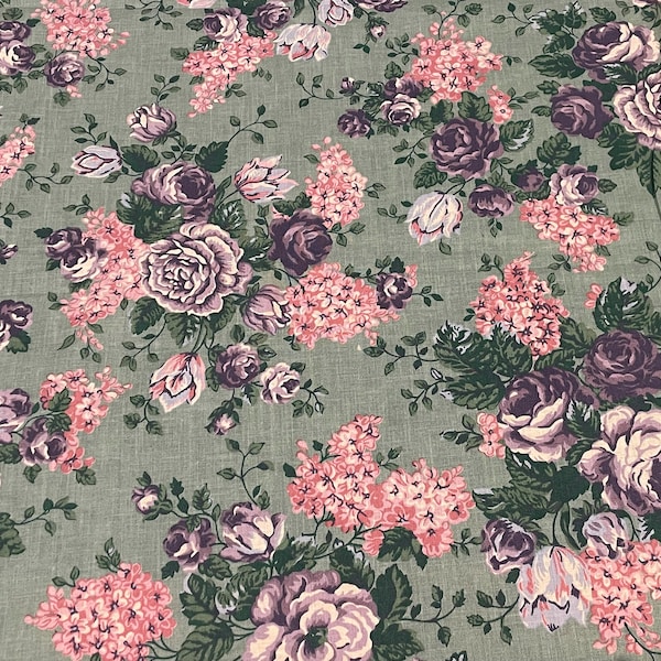 Vintage Purple Cabbage Roses Tulips Lilacs Bouquet Quilt Cotton Fabric Sage Green, Pink by Half Yard 1990s Springs Industries