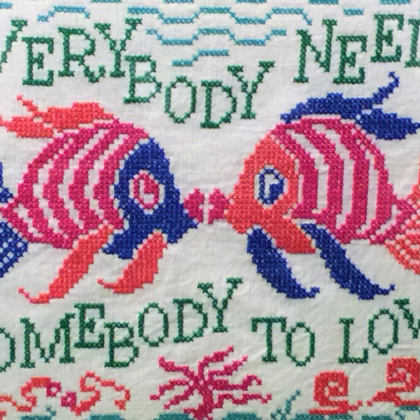 Vintage Ocean Sea Kissing Angel Fish Love Completed linen Cross Stitch Cottagecore Beach Needlework 1980, Valentines Day