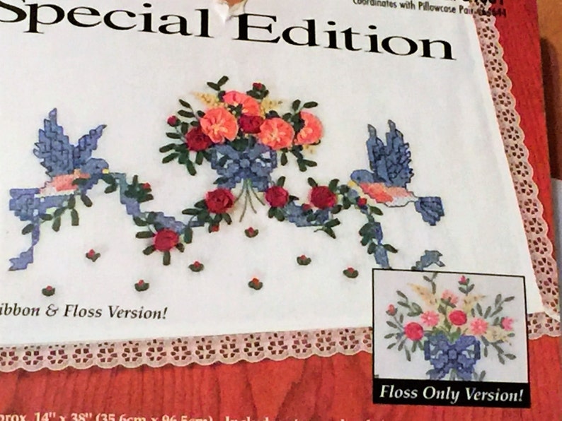 Stamped Cross Stitch Dresser Scarf Vintage Bucilla Birds Image 0