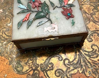 Vintage Chinese Jade & Brass Metal Small Jewelry Trinket Box PLEASE READ Damage but Useable or Repurpose 3.75x3x1.5 See Many Pictures