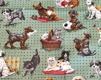 Vintage Cat and Dog Fabric Cranston VIP by FQ Fat Quarter 18x21 Kittens and Puppies