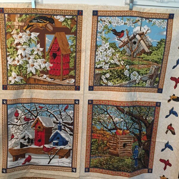 Birds and Birdhouses 4 seasons Spring Summer Winter Fall Autumn Pumpkins Flowers Garden Fabric Pillow Quilt Panels Squares, Astro Textile