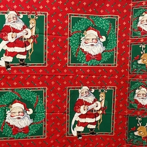 Vintage Retro Christmas Santa Claus & Reindeer, Cardinal Fabric Quilt Squares Panel Holly Gold Metallic Snowflake Stars  1/2 YD, Yard