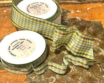Laitonne Vaban French Wired Ribbon 2 Spools Size 3 and 9 Vintage Purple Flowers Green Check , Each 15 Yards Made in France Acetate