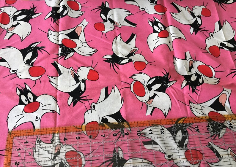 Sylvester Cat Looney Tunes Fabric Pink Lt Flannel Cotton 90s WB Warner Brothers Cartoon Prewashed FQ Fat Quarter 18L x 21W OR 8-10Lx44W