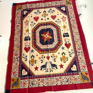 Vintage Pennsylvania Dutch Cheater Quilt Fabric Panel  by Fabri-Quilt Floral Hearts & Birds Cottage Folk Art Cotton