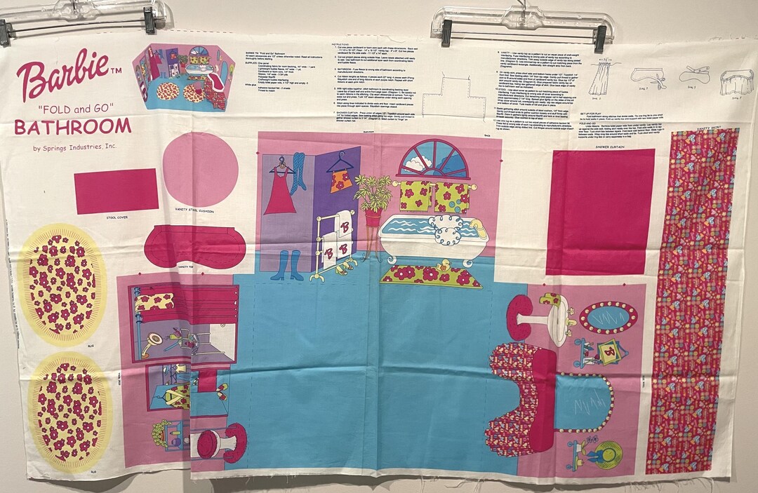 Vintage 2002 Barbie Fold & Go BATHROOM Fabric Panel DIY Craft Add a ...