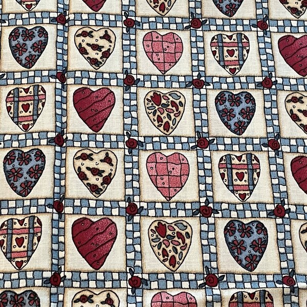 Vintage Patchwork Hearts & Wee Roses Checkerboard Squares Cotton Fabric Grannycore Valentine Calico Garden Lisa Seely Springs Square Yard