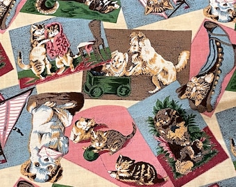 Vintage Victorian Cats & Dogs Patch Collage Fabric Anthropomorphic Kittens, Puppies Scenes Cotton Quilting HollyTex  1990s 1/2 Yard, More