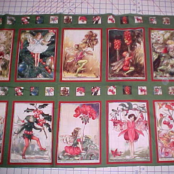 Christmas Flower Fairy Fabric Rare Quilt Block Post Card Squares & All over Cotton Panel Cicely Mary Barker 2008 Miller Holiday Fairies