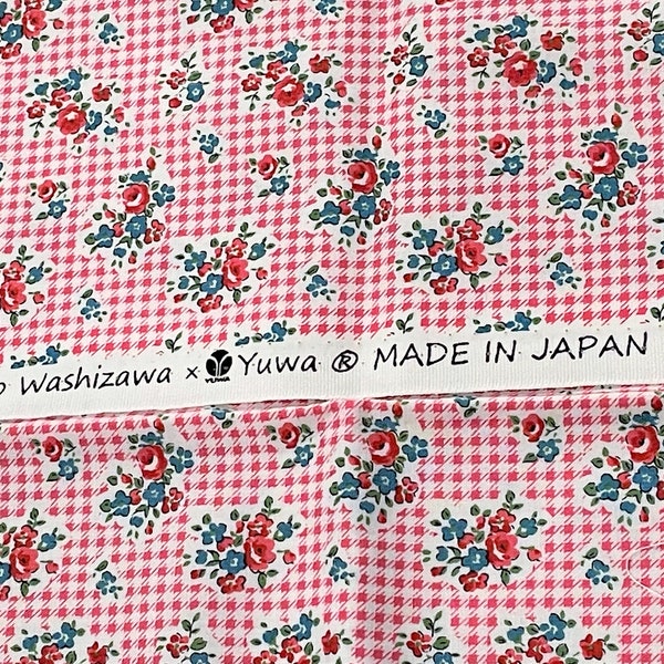 Petite Roses Flowers Pink Check Cotton Fabric Reiko Washizawa YUWA Japan FQ 18x21" oop
