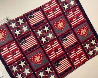 Vintage Americana Flag Stars, Eagle, Buttons Sewing Motif Squares Patchwork Fabric Quilting Craft 4th of July diy