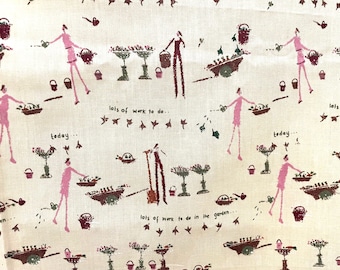 Vintage People Busy in the Garden Gardening Motif Fabric Cotton/Blend? Quilting Sewing Decor OOP 90s