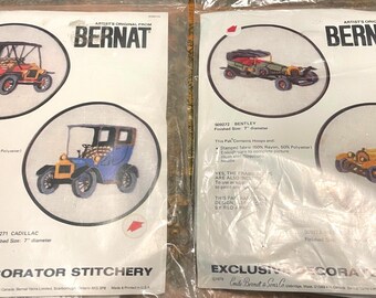 Vintage 70s Bernat Antique Cars Bentley, Cadillac Crewel Embroidery Hoop Kit You Pick 7" diy Fun Summer Stitchery