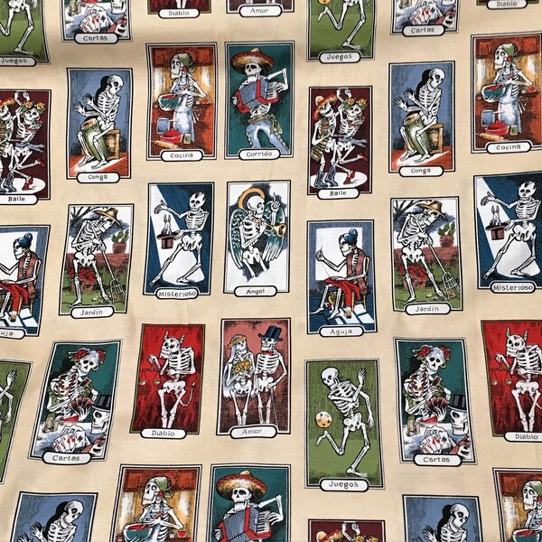 1.83 Yard CARTAS de VIDA Fabric Folklorico Alexander Henry Mexican Cinco de Mayo Skeletons Cotton Day of Dead Out of Print Cream/Tea Japan