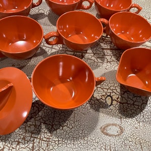 Mid Century Modern Laguna MelMac LA CA Melamine Retro Tea Coffee Cup Set Creamer & Sugar 9 Pc Vintage Set Pumpkin Orange Halloween Home