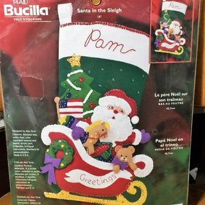 Vintage Bucilla Patriotic American Santa in the Sleigh Christmas Stocking Kit Betsy Ross Flag Teddy Bear Toys Tree Felt Applique Made in USA
