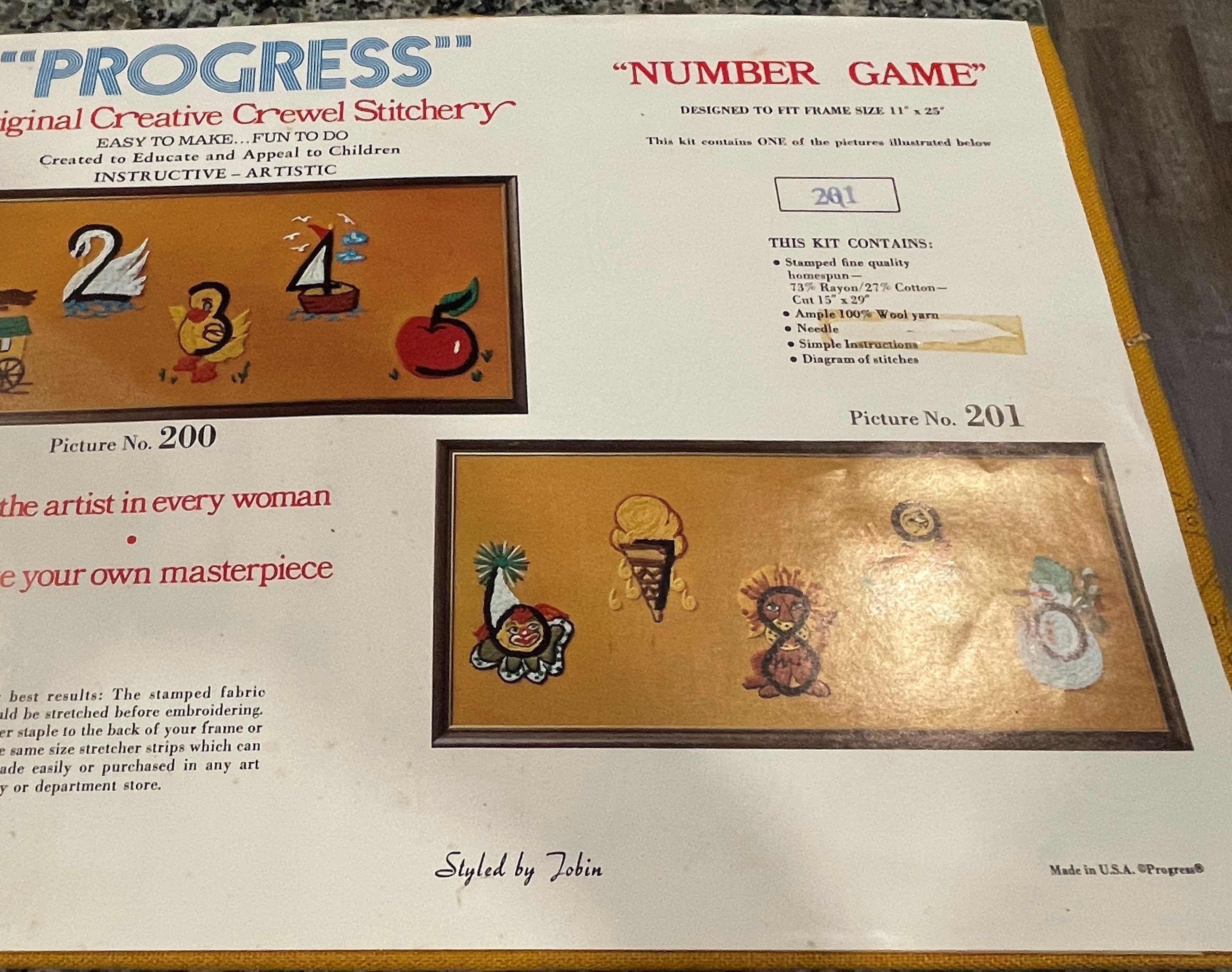 Rare Vintage Children's Number Game 6, 7, 8, 9, 10 Wool Crewel Embroidery  Kit Progress By Tobin Bird Clown Lion Snowman Ice Cream Cone - Yahoo  Shopping