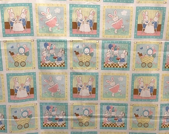Bunny Family Fabric Panel Cotton Quilting Adorable Rabbit Scenes Anthropomorphic Springs Out of Print 24x44