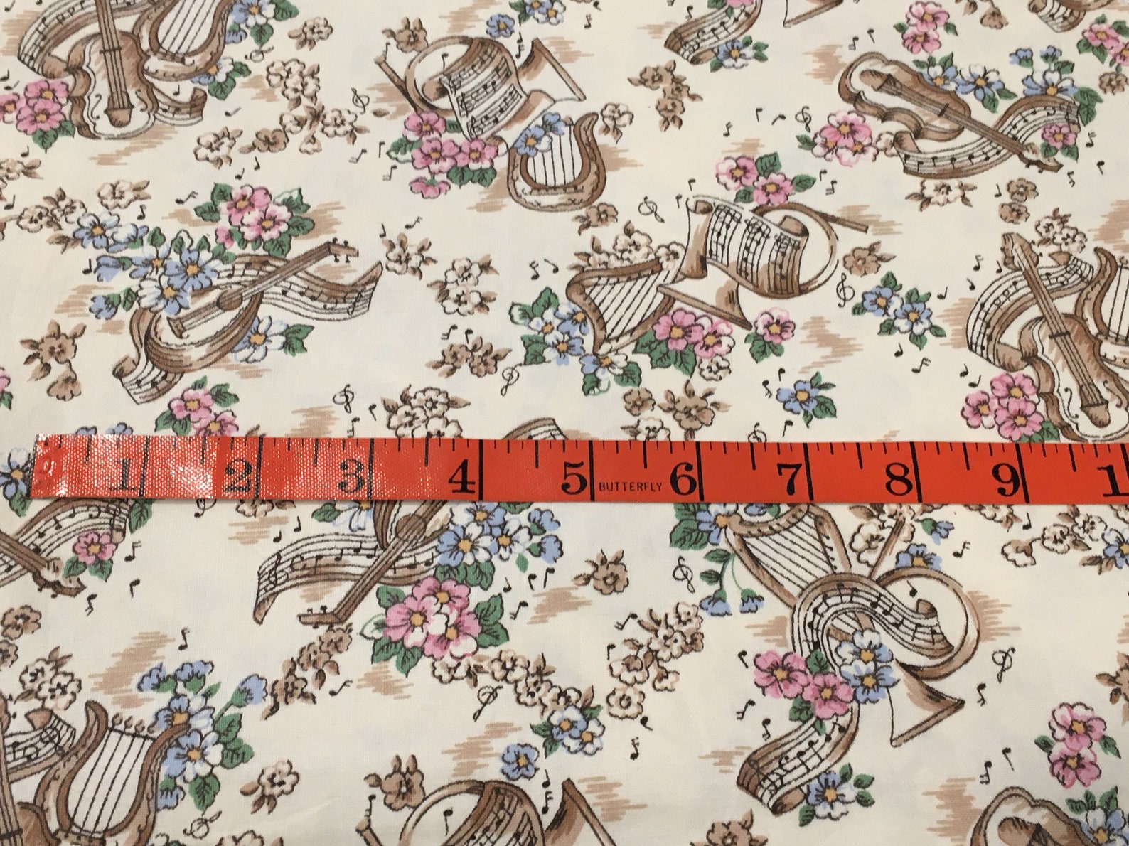 Vintage Music & Flowers Fabric Harp Violin Lute French Horn Etsy