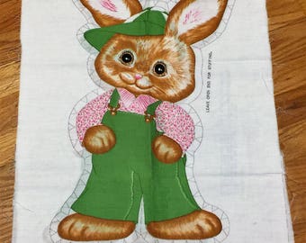 Vintage Bunny Rabbit Fabric Panel Retro Bib overalls Easter Cut & Sew Stuffie Pillow Toy 70s-80s  Kawaii diy Springs Mills