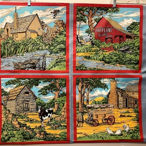 May include: A vintage-style fabric panel with four scenes depicting rural life. The top left scene shows a wooden watermill with a red roof and a river in the foreground. The top right scene shows a red barn with the words "AIRPLANE" and "ICE CREAM" painted on the side. The bottom left scene shows a wooden barn with a cow in the foreground. The bottom right scene shows a wooden house with a wagon in the foreground.