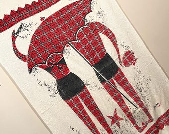 Vintage JANTZEN Beach Towel MCM Red Tartan Plaid Bathing Suits Beach People & Ocean Life Graphics Canon USA Very Rare Please Read