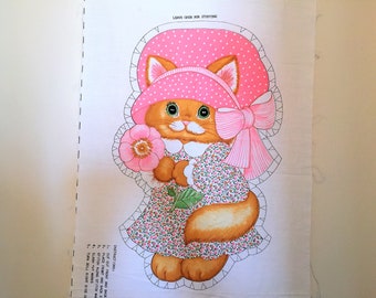 vintage Kitty Cat fabric Pillow doll toy cut & sew Springs Mills Pink bonnet flower calico dress super kawaii 80s craft