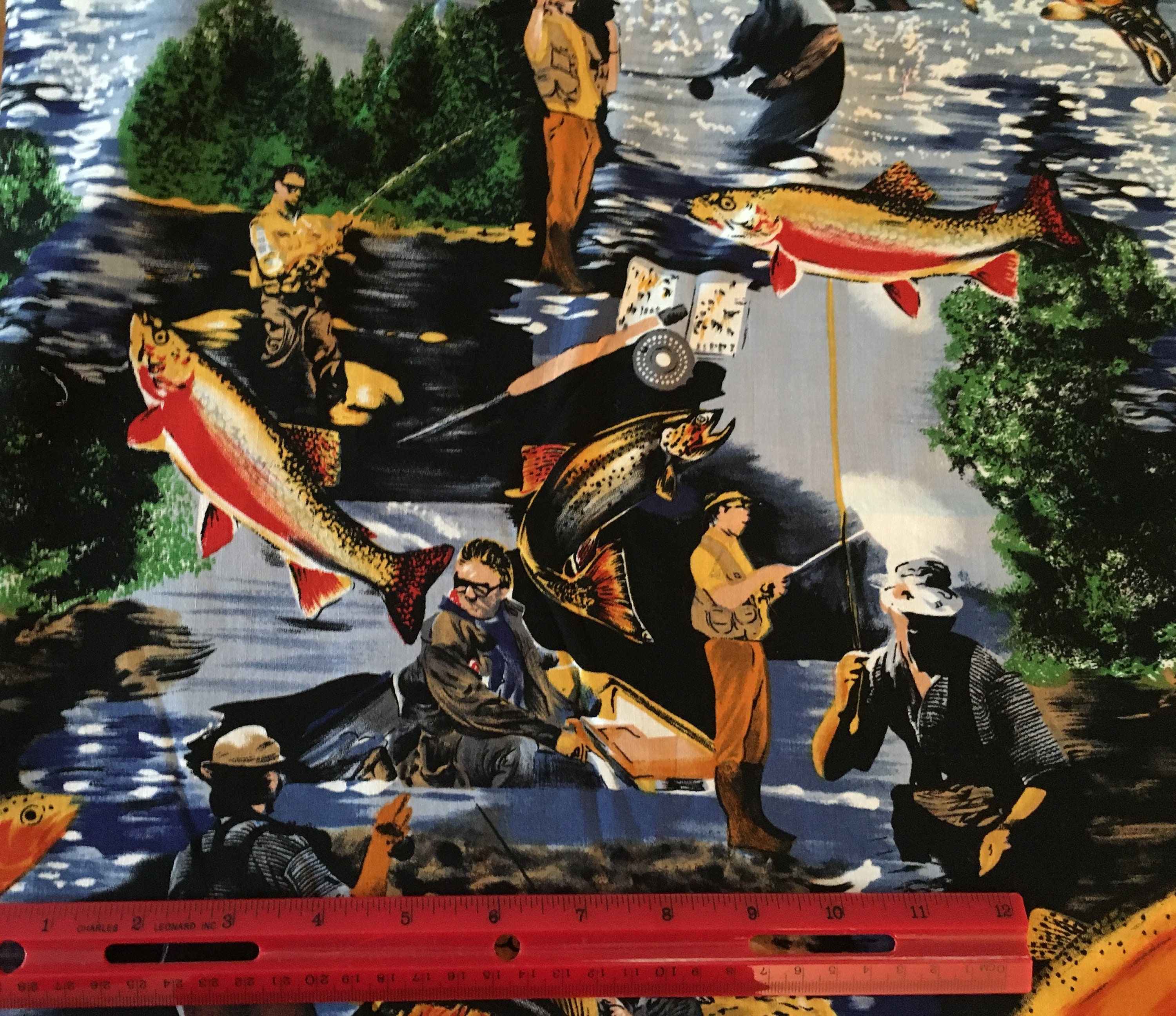 RARE Vintage Fly Fishing Fabric 90s Novelty Cotton Salmon Etsy