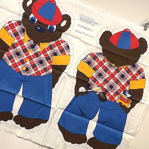 Rare Vintage Anthropomorphic Big Bear w/ Argyle Shirt Fabric Stuffed Pillow Toy Panel Cut & Sew Retro diy Finished 32&quot; approx So cool!