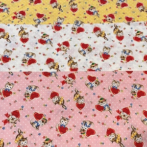 Valentine&#39;s Day Kitty Cats Valentine Love Hearts Dear Friend Kitten Sweet Cotton Fabric Quilt Gate Pink, White, Yellow FQ Fat Quarter Japan